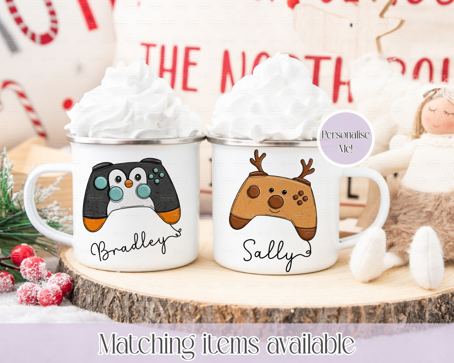 Personalised Christmas Themed Gamer Controller Mug– Enamel or Ceramic | Custom Name | Christmas Hot Chocolate Mug