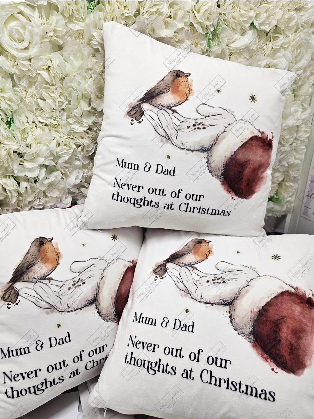 Christmas Personalised Robin Memorial Cushion - santa- Robins Appear