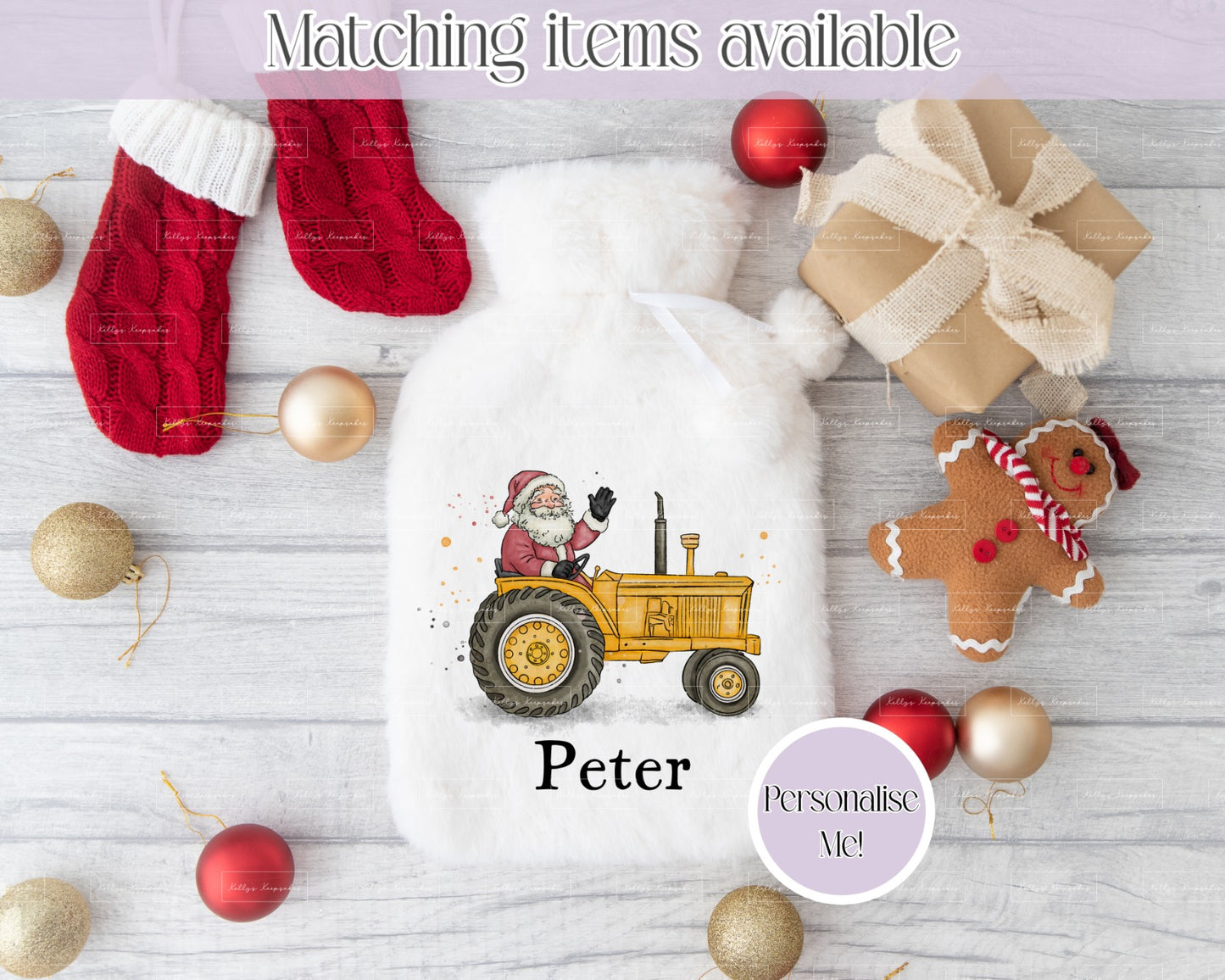 Personalised Father Christmas On Tractor Fluffy Hot Water Bottle with Faux Fur Cover – 2L Hot Water Bottle in Gift Box, Winter Warmer, Christmas Gift