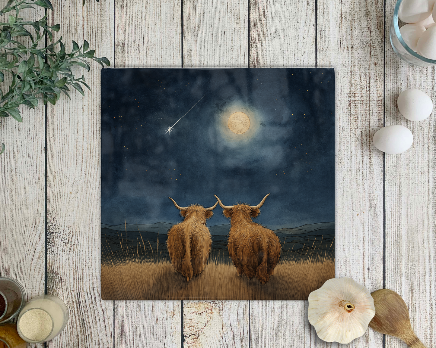 Highland Night sky Cow Glass Chopping Board - Worktop Saver- Highland cow - Country Kitchen Decor