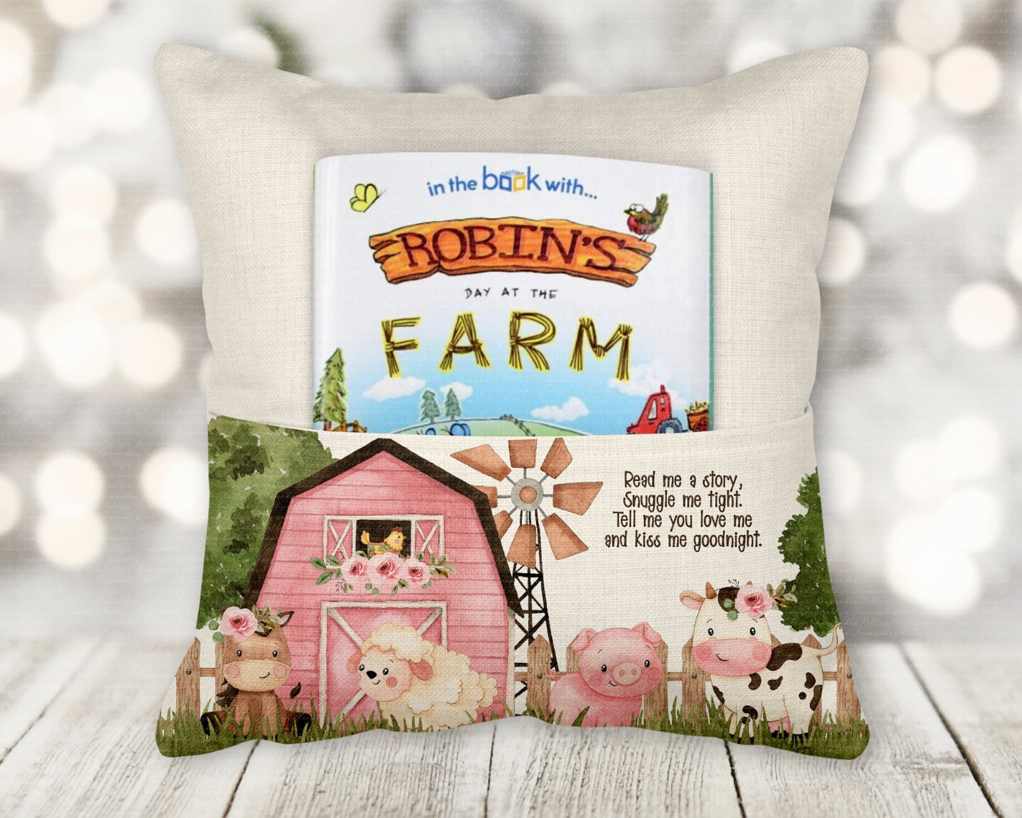 Personalised farm theme book pocket cushion - young reader - personalised cushion - two colours