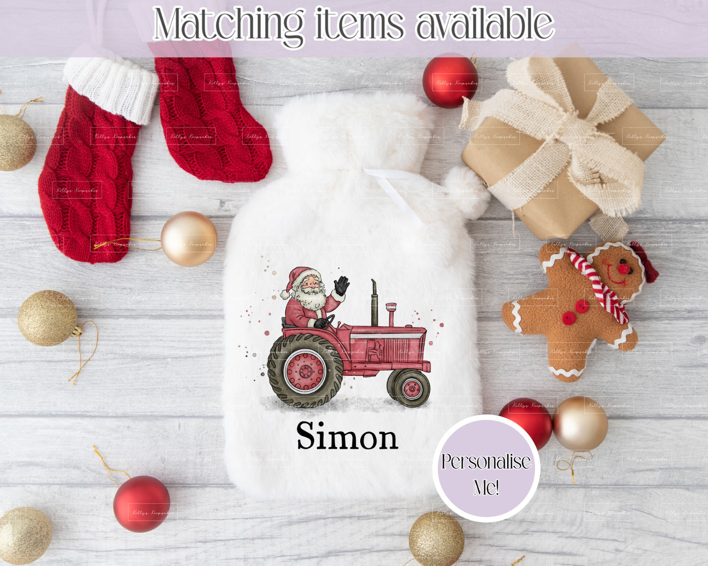 Personalised Father Christmas On Tractor Fluffy Hot Water Bottle with Faux Fur Cover – 2L Hot Water Bottle in Gift Box, Winter Warmer, Christmas Gift