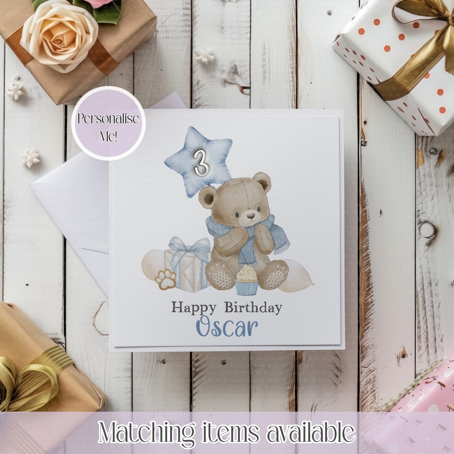 Teddy Bear Present Personalised Age Birthday Card - birthday card - custom card