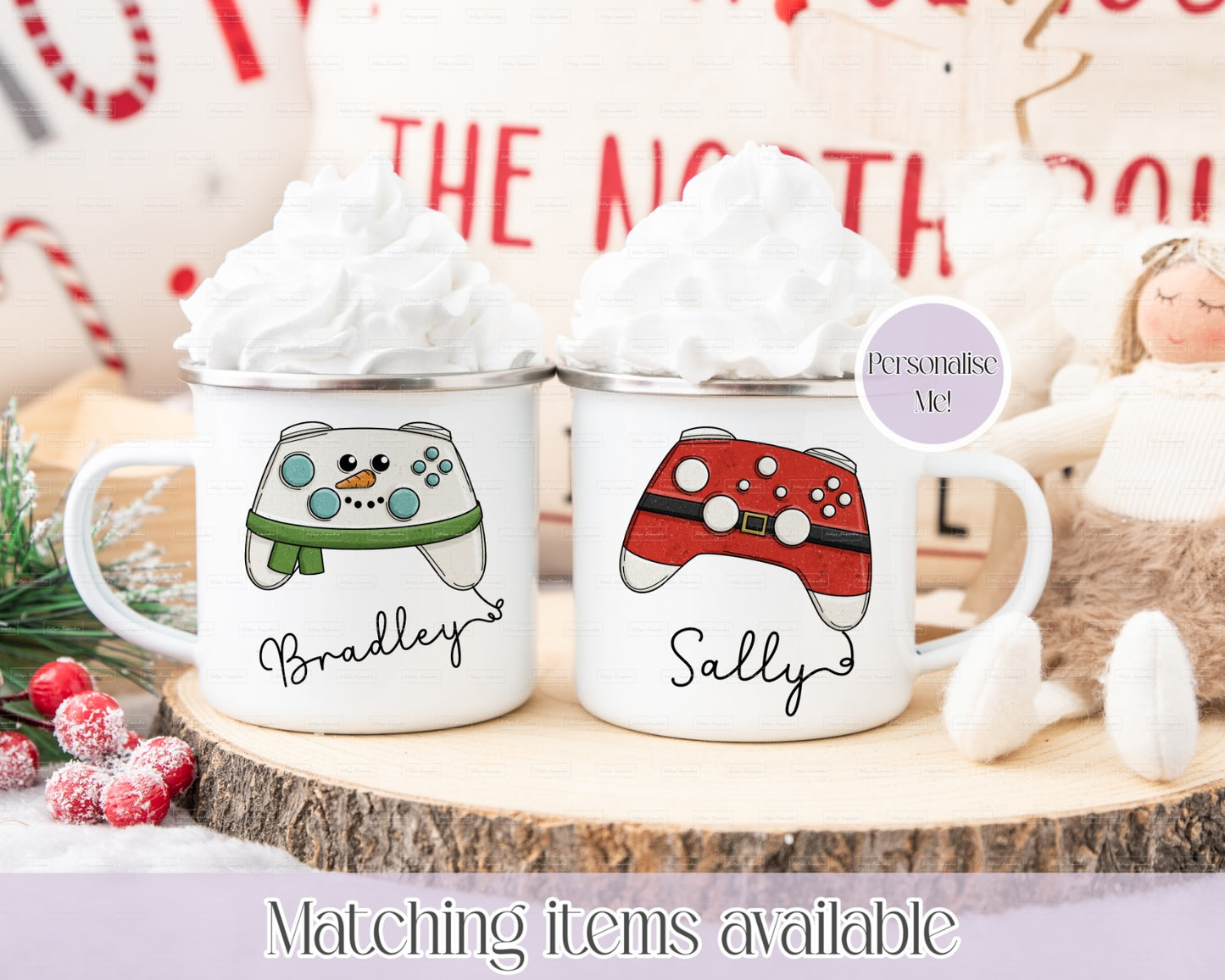 Personalised Christmas Themed Gamer Controller Mug– Enamel or Ceramic | Custom Name | Christmas Hot Chocolate Mug