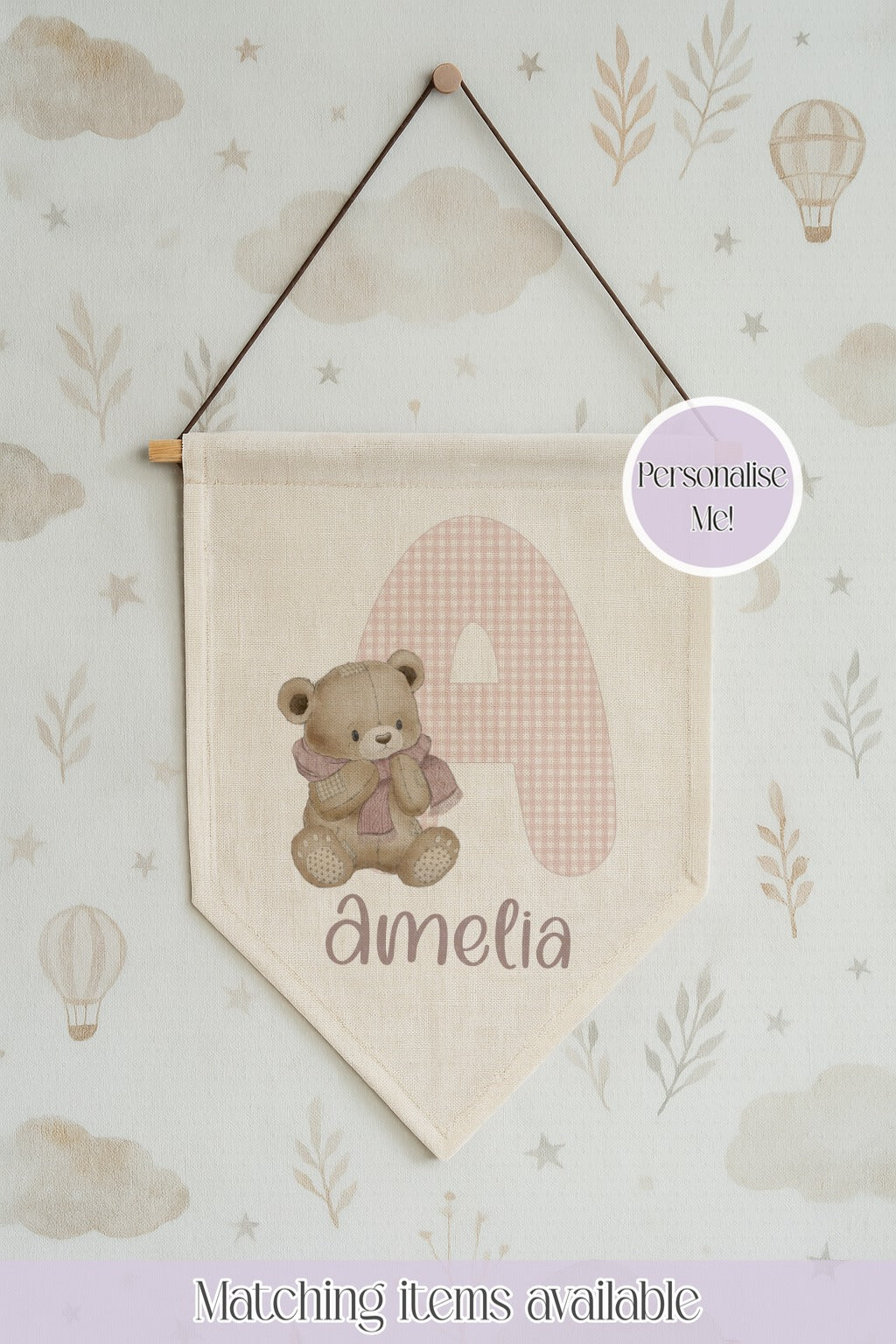 Teddy Initial Nursery Pennant - Baby Room Gift