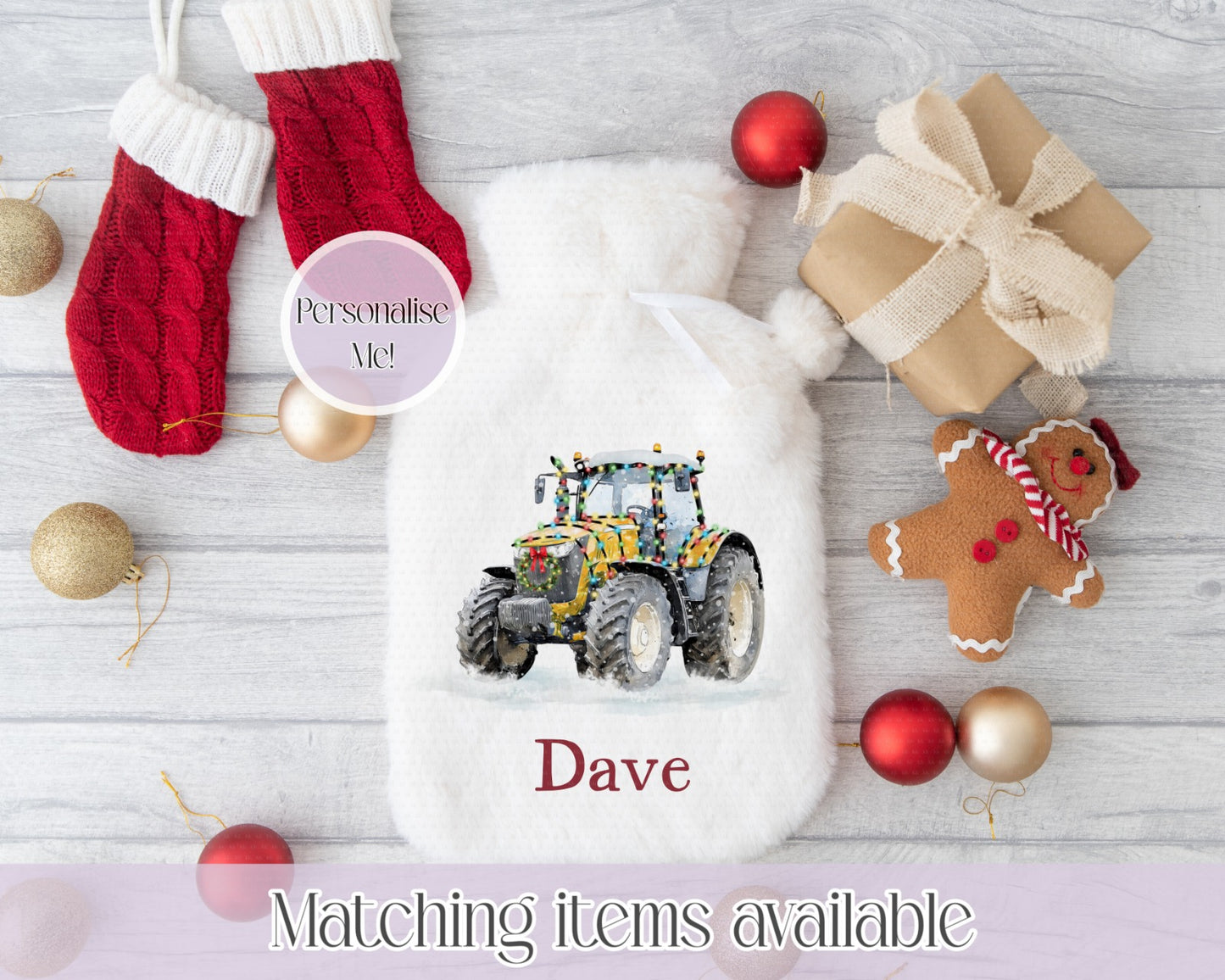 Personalised Christmas Tractor Fluffy Hot Water Bottle with Faux Fur Cover – 2L Hot Water Bottle in Gift Box, Winter Warmer, Christmas Gift