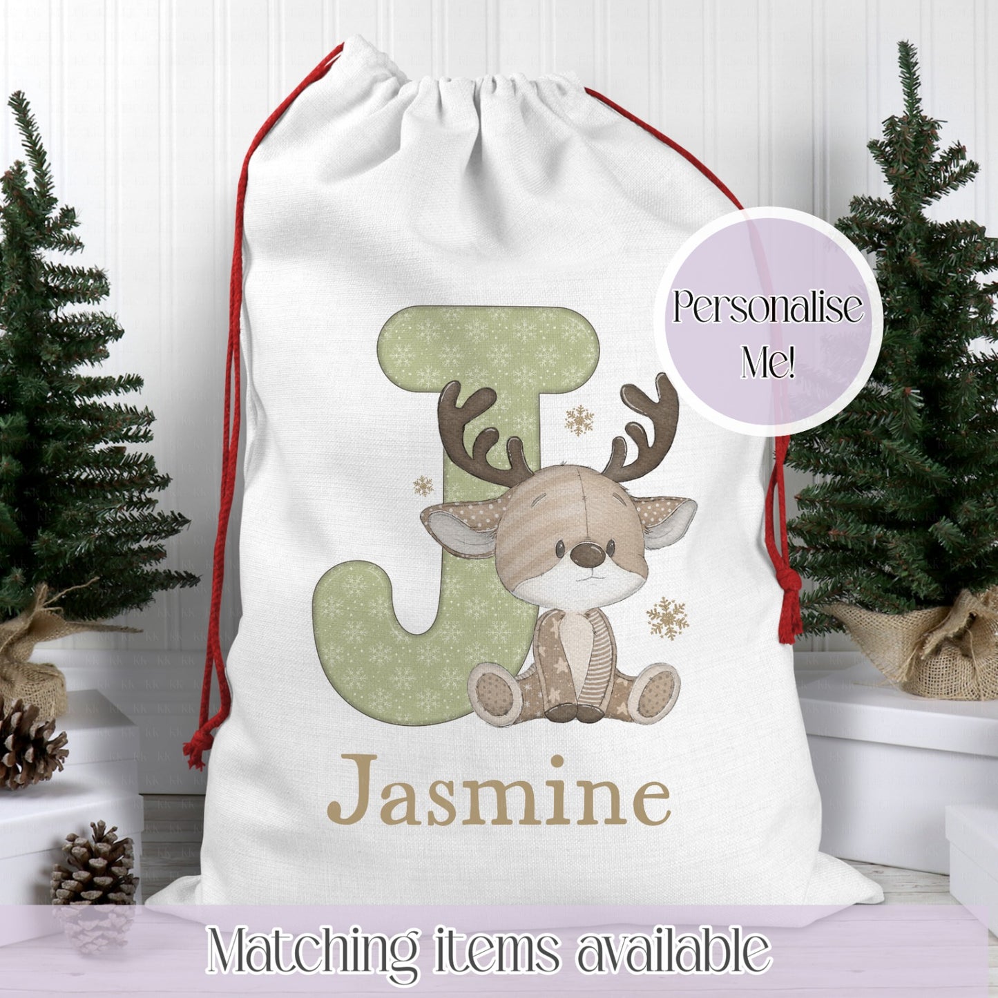 Christmas Reindeer Inital Fairy Lights Santa Sack - Christmas Sack - 70 x 50 cm - custom name