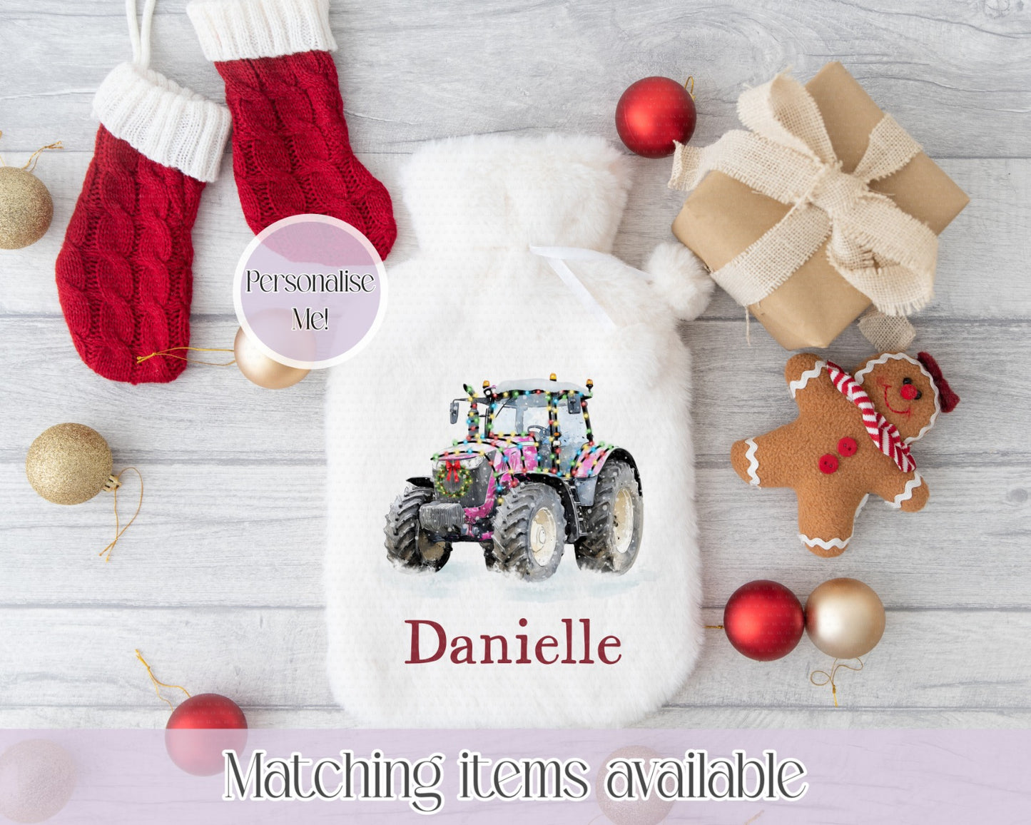 Personalised Christmas Tractor Fluffy Hot Water Bottle with Faux Fur Cover – 2L Hot Water Bottle in Gift Box, Winter Warmer, Christmas Gift