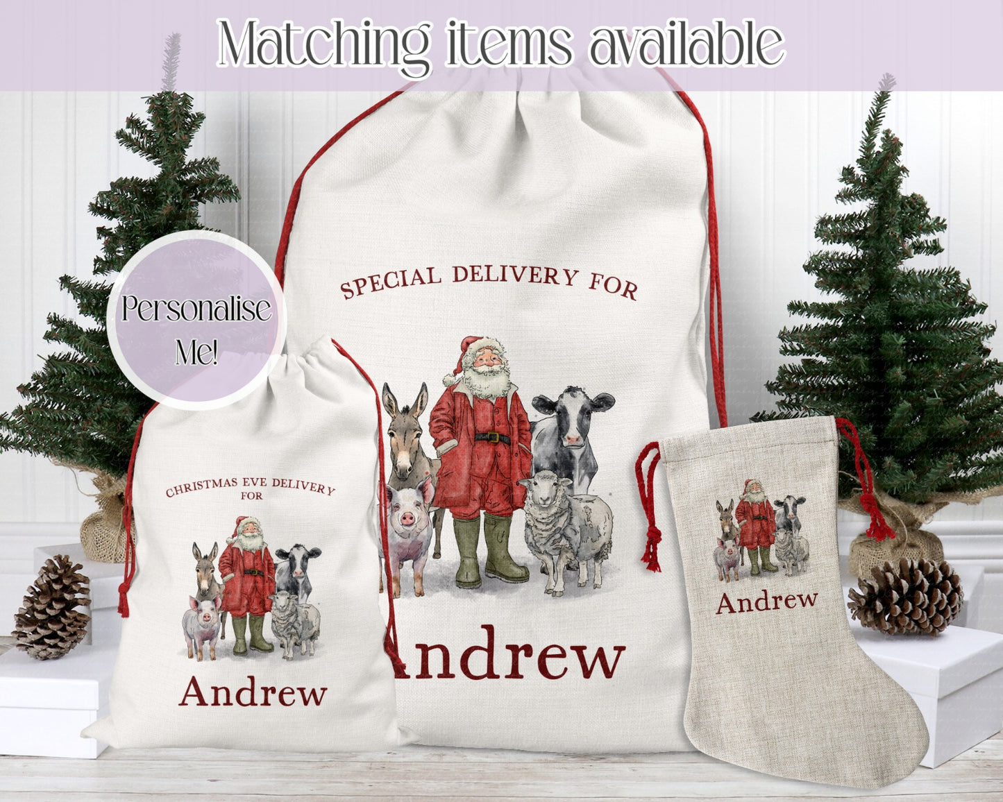 Personalised Christmas Farmer Christmas – Christmas on the farm | Stocking |Christmas Eve Sack| Custom Name Gift Bag - Santa Sack