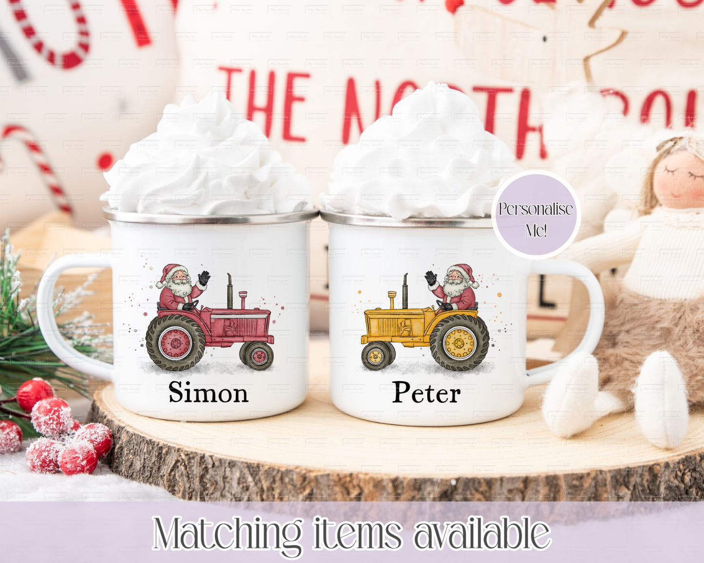 Personalised Father Christmas On Tractor Christmas Mug - Custom 11oz White or Enamel Mug - Highland Christmas Design - Christmas Stocking Filler - Farmer