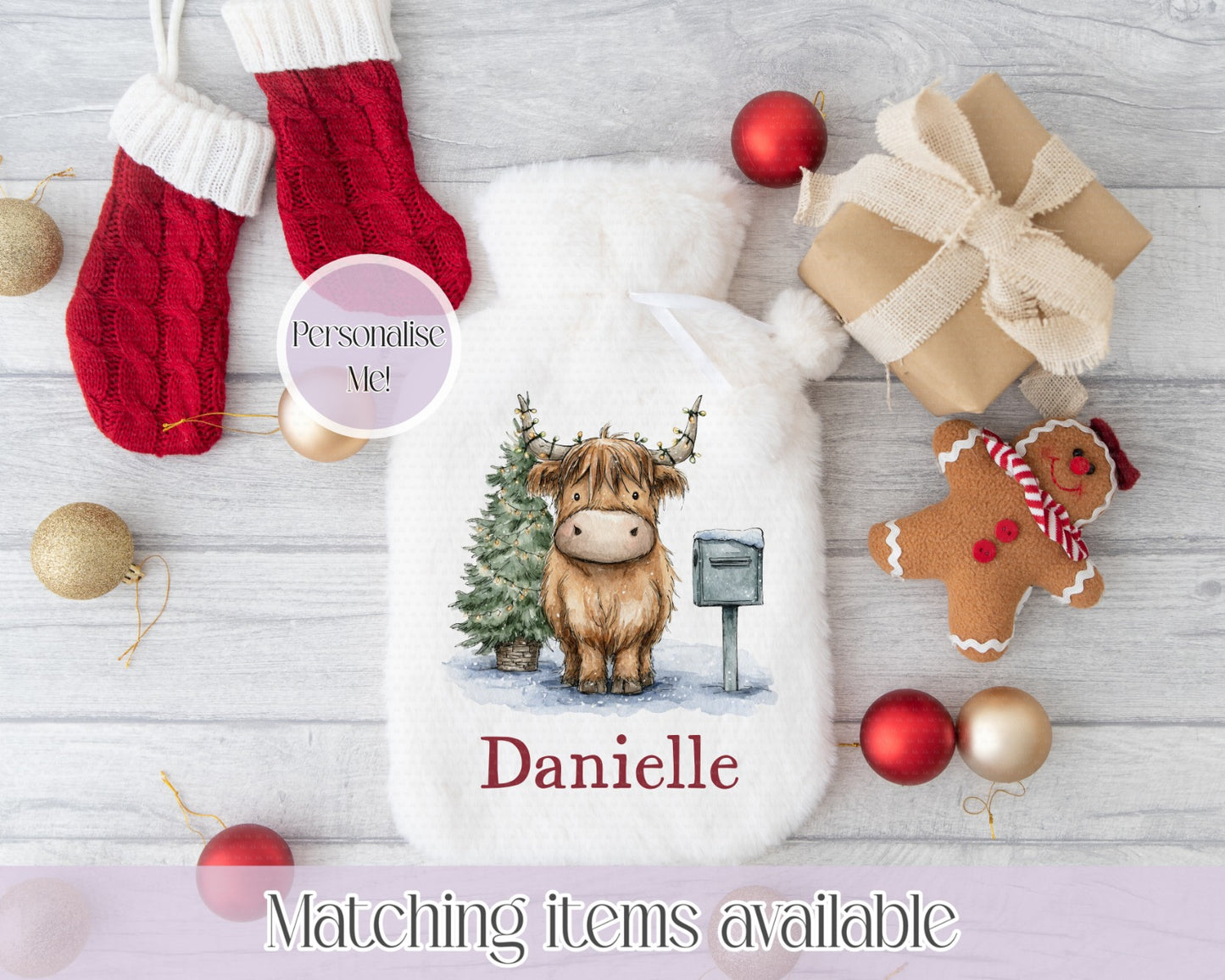 Christmas Cute Highland Cow Hot Water Bottle- Cosy Christmas - custom name