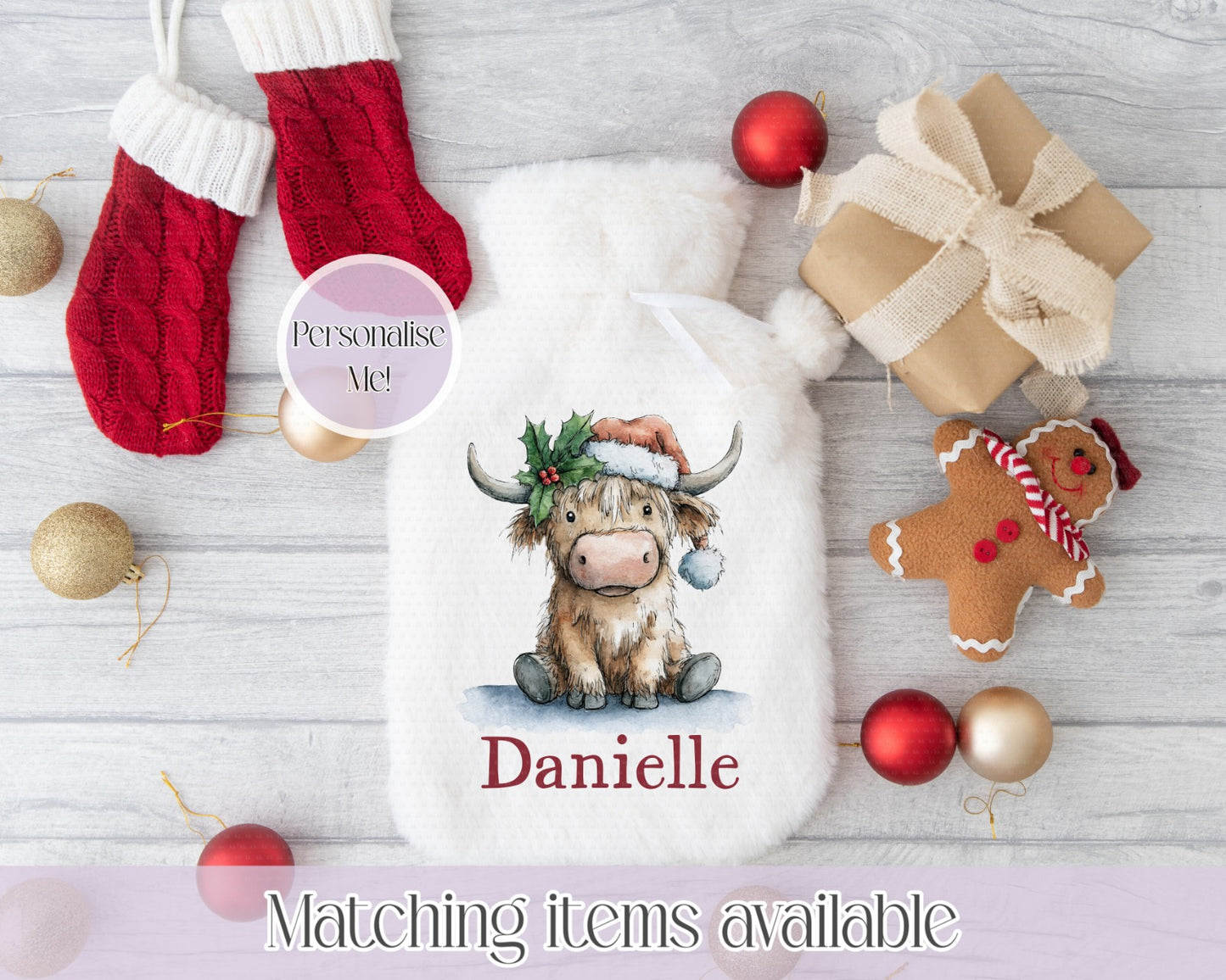 Christmas Cute Highland Cow Hot Water Bottle- Cosy Christmas - custom name