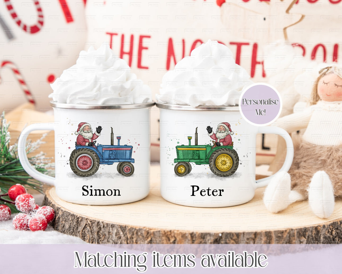 Personalised Father Christmas On Tractor Christmas Mug - Custom 11oz White or Enamel Mug - Highland Christmas Design - Christmas Stocking Filler - Farmer