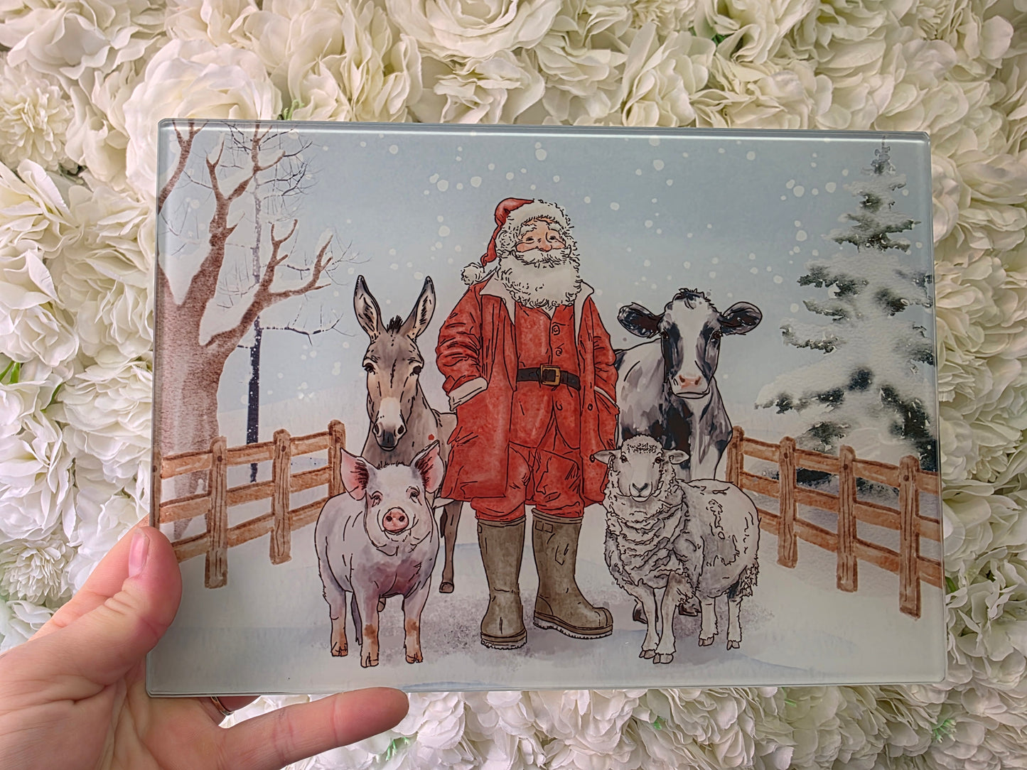 Farmer Christmas Kitchen Glass Chopping board - Worktop Saver - Hen Kitchen Chopping Board - Country Kitchen - Farmhouse