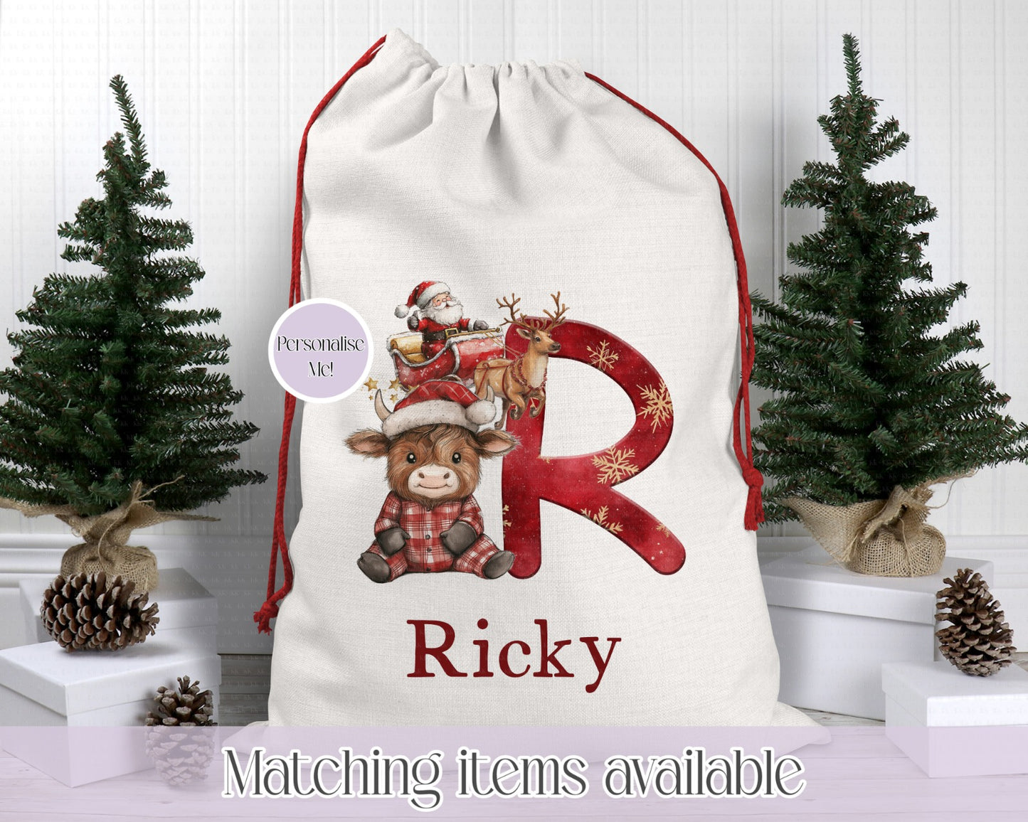 Christmas Cute Higland Cow personalised initial Santa sack - Christmas Sack - 70 x 50 cm - custom name