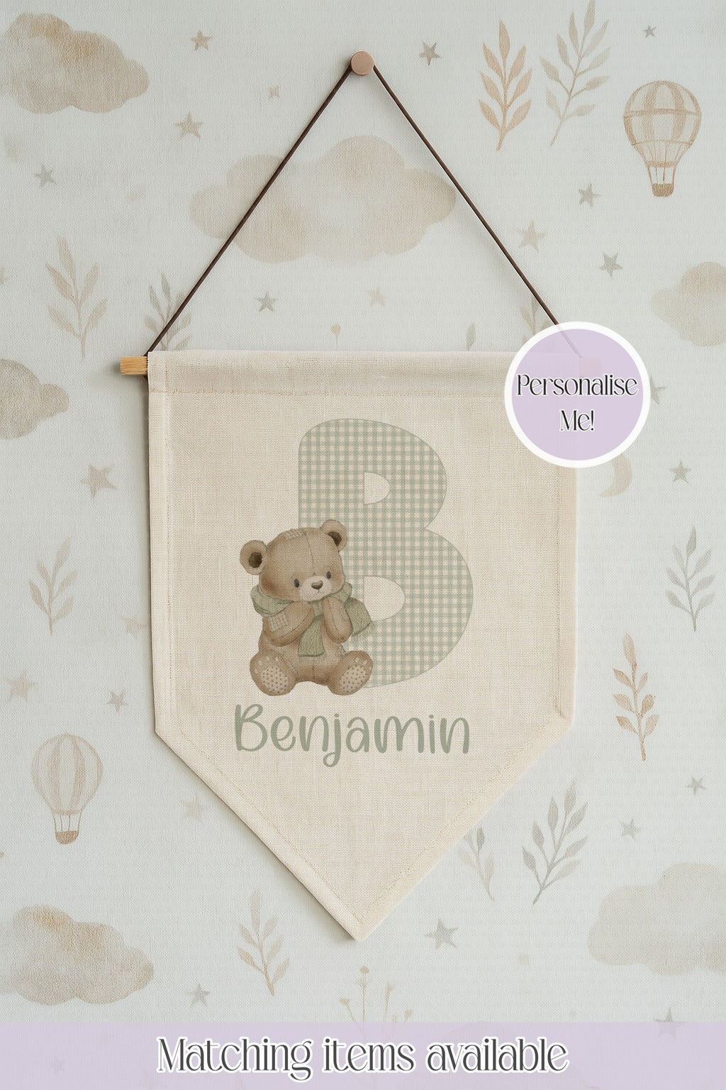 Teddy Initial Nursery Pennant - Baby Room Gift
