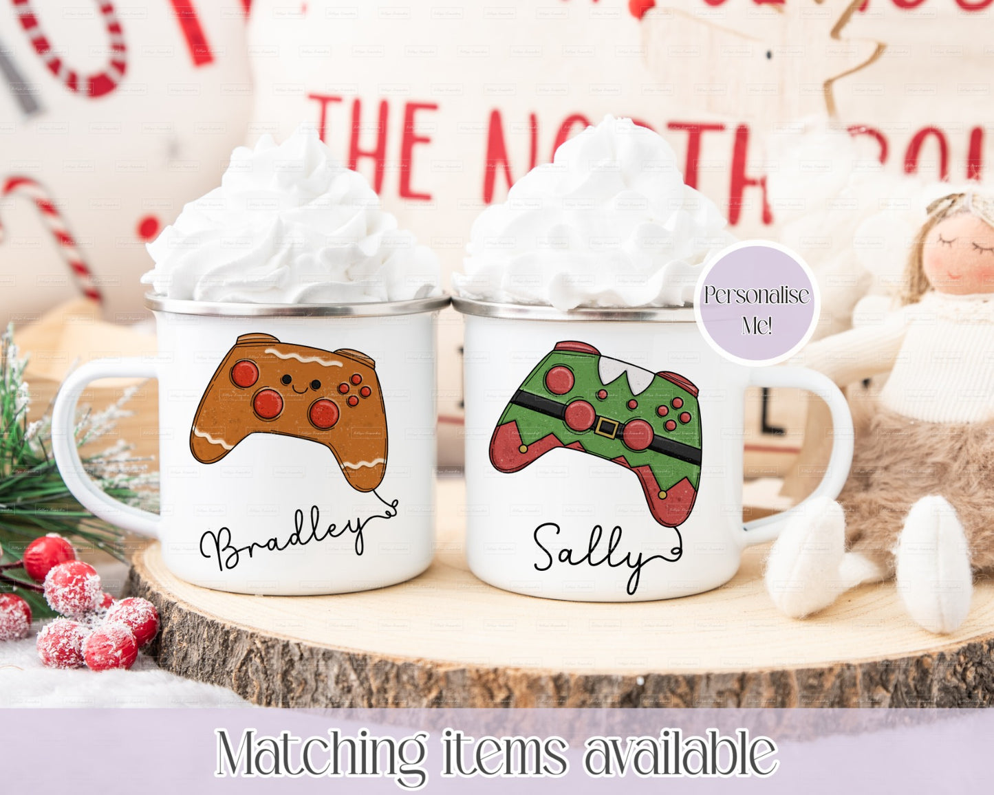 Personalised Christmas Themed Gamer Controller Mug– Enamel or Ceramic | Custom Name | Christmas Hot Chocolate Mug