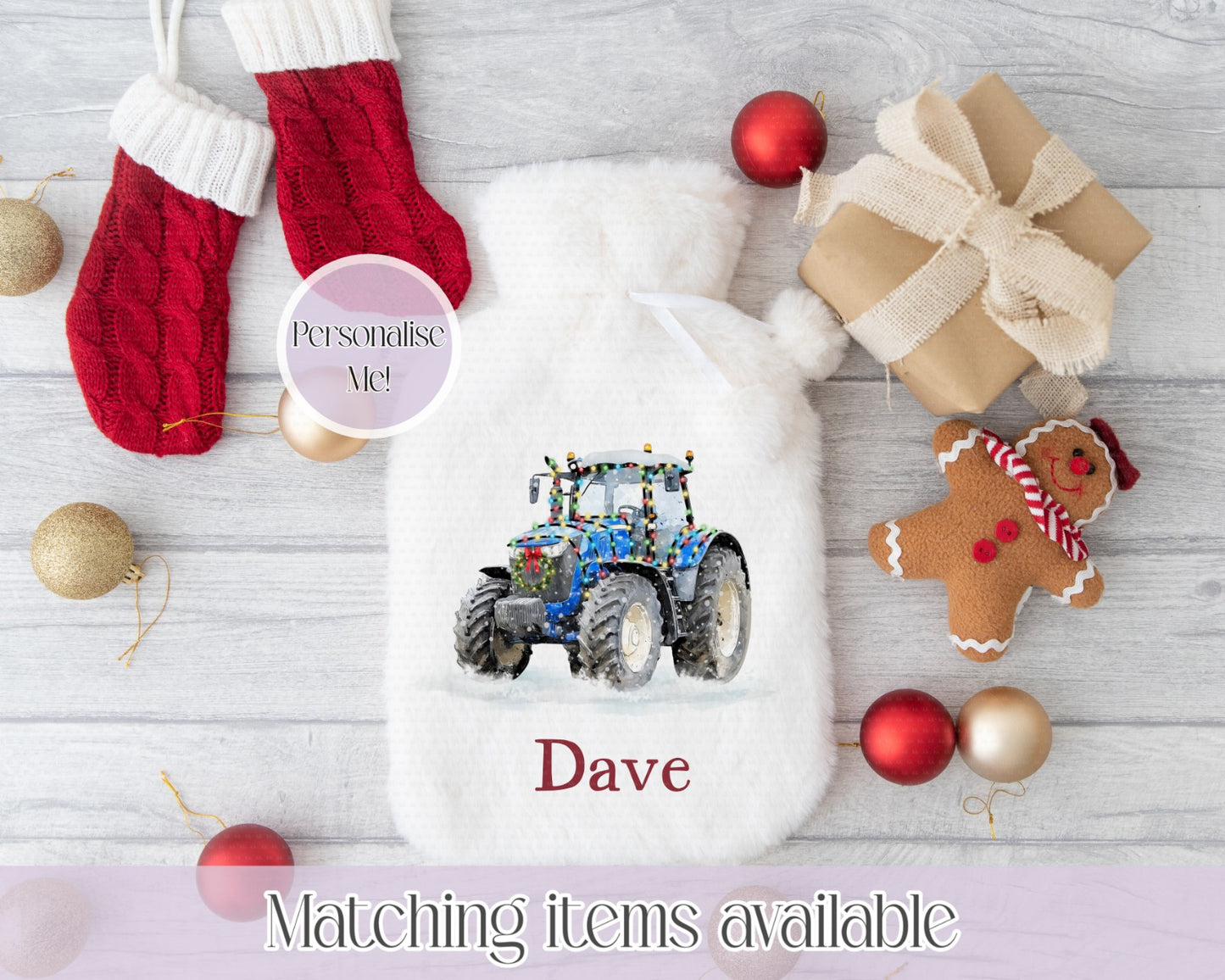 Personalised Christmas Tractor Fluffy Hot Water Bottle with Faux Fur Cover – 2L Hot Water Bottle in Gift Box, Winter Warmer, Christmas Gift