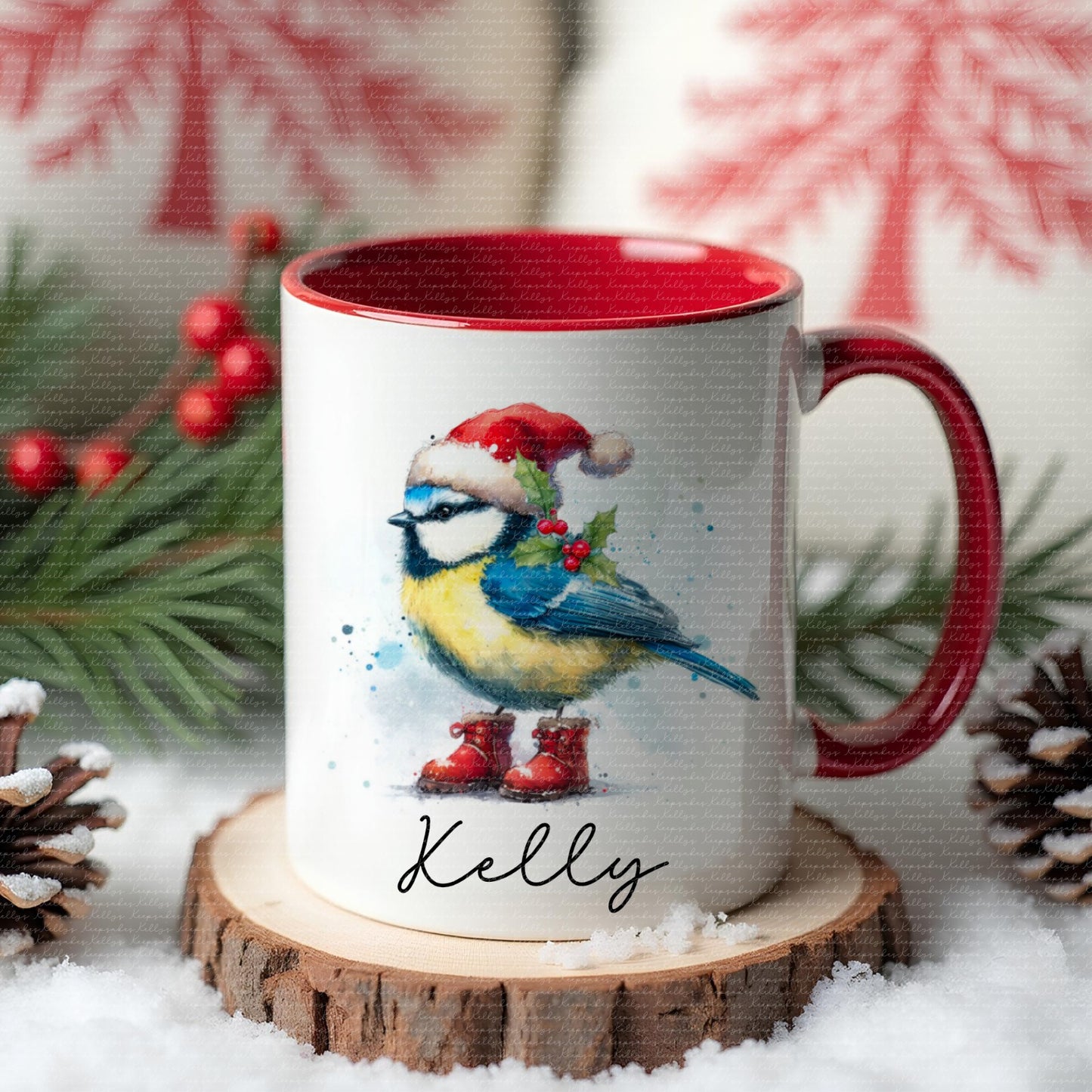 Personalised Robin or Blue tit christmas mug - Robin in christmas hat - stocking filler