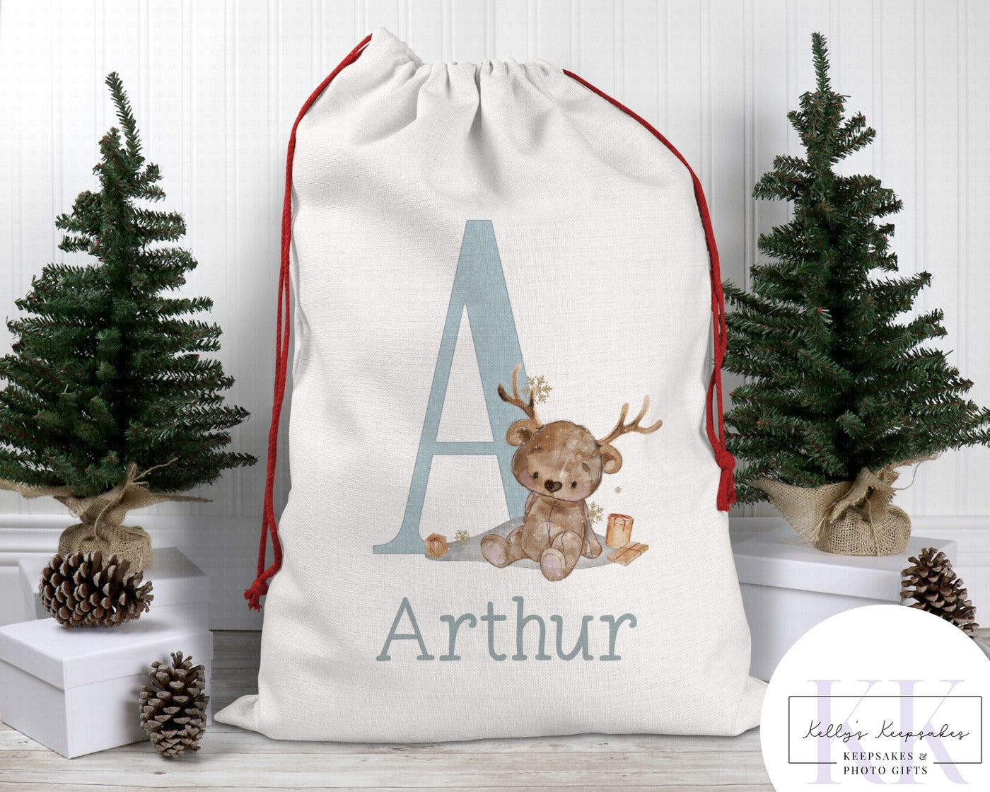 Personalised reindeer teddy bear sleigh Christmas sack