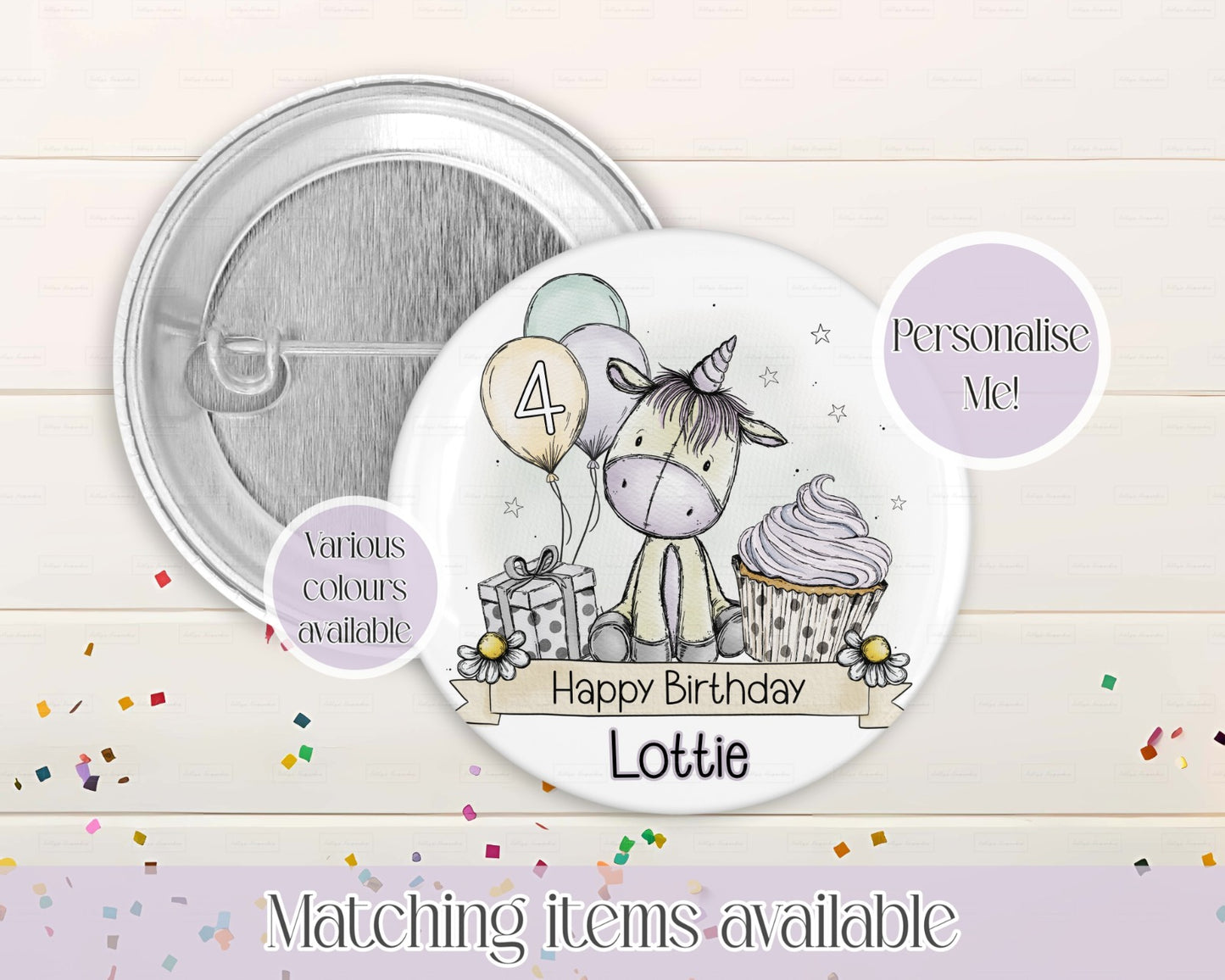 Unicorn Cute Personalised Birthday Badge - 58mm custom badge