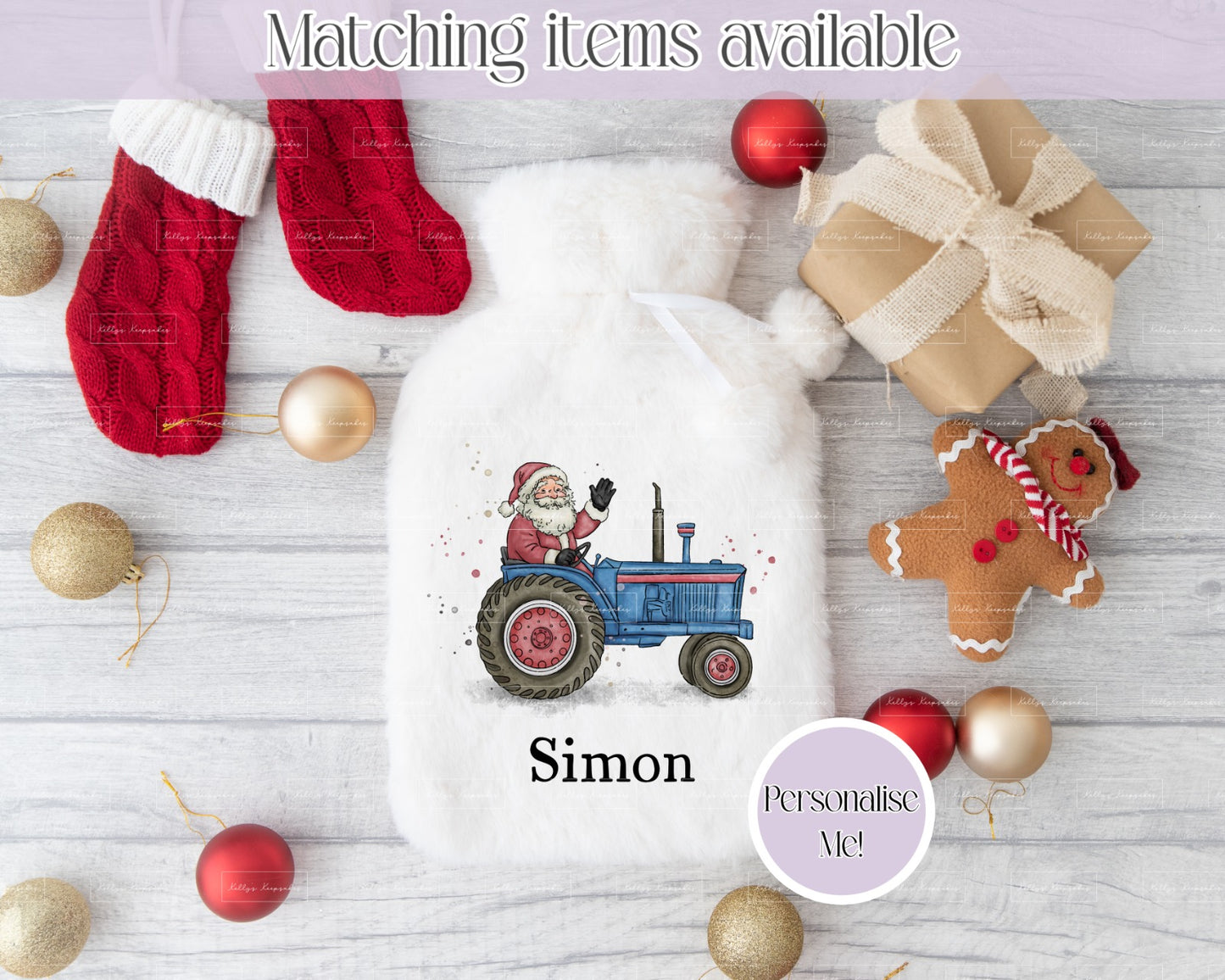 Personalised Father Christmas On Tractor Fluffy Hot Water Bottle with Faux Fur Cover – 2L Hot Water Bottle in Gift Box, Winter Warmer, Christmas Gift