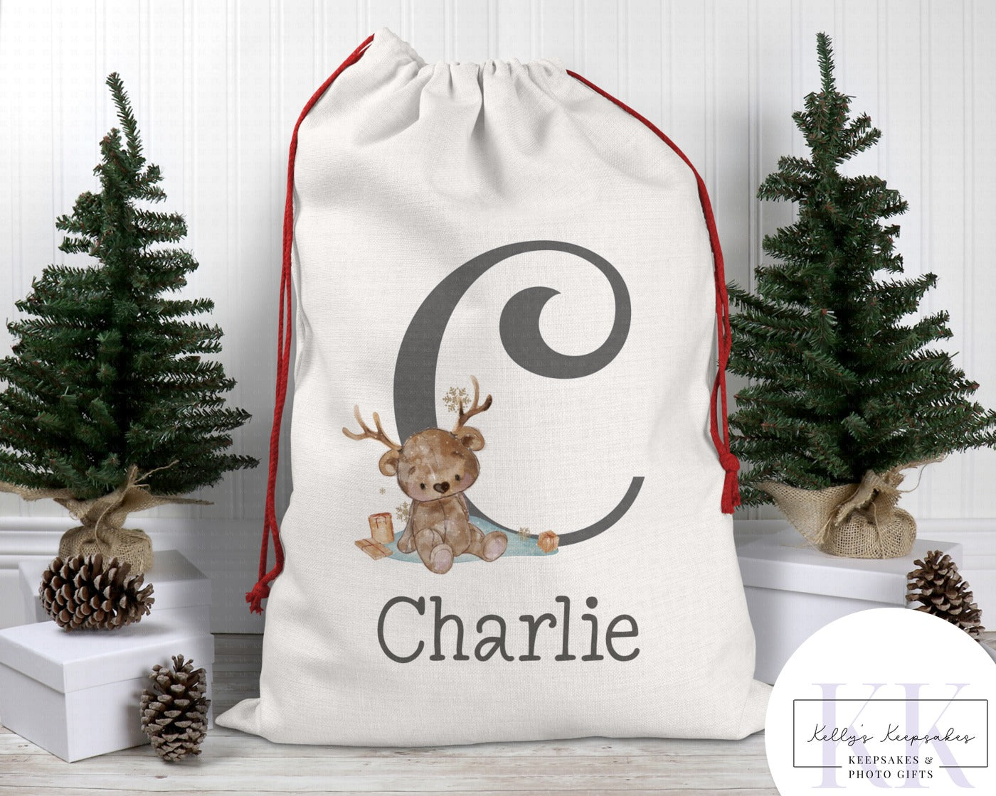 Personalised reindeer teddy bear sleigh Christmas sack