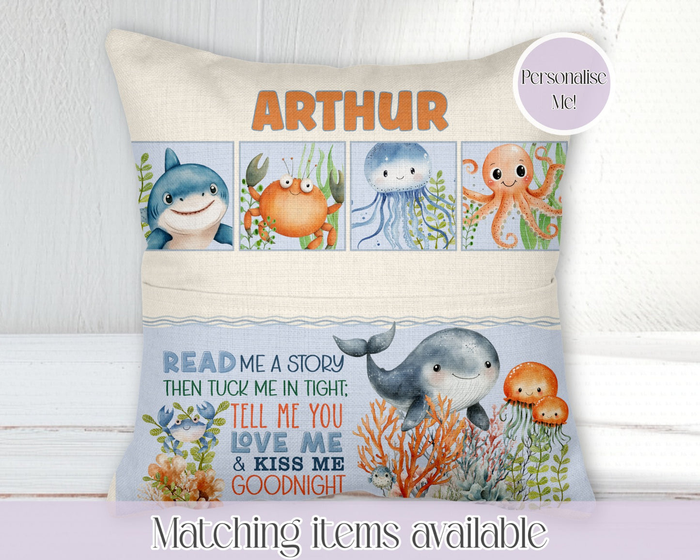 Under the sea book pocket cushion - young reader - personalised cushion - 2 options