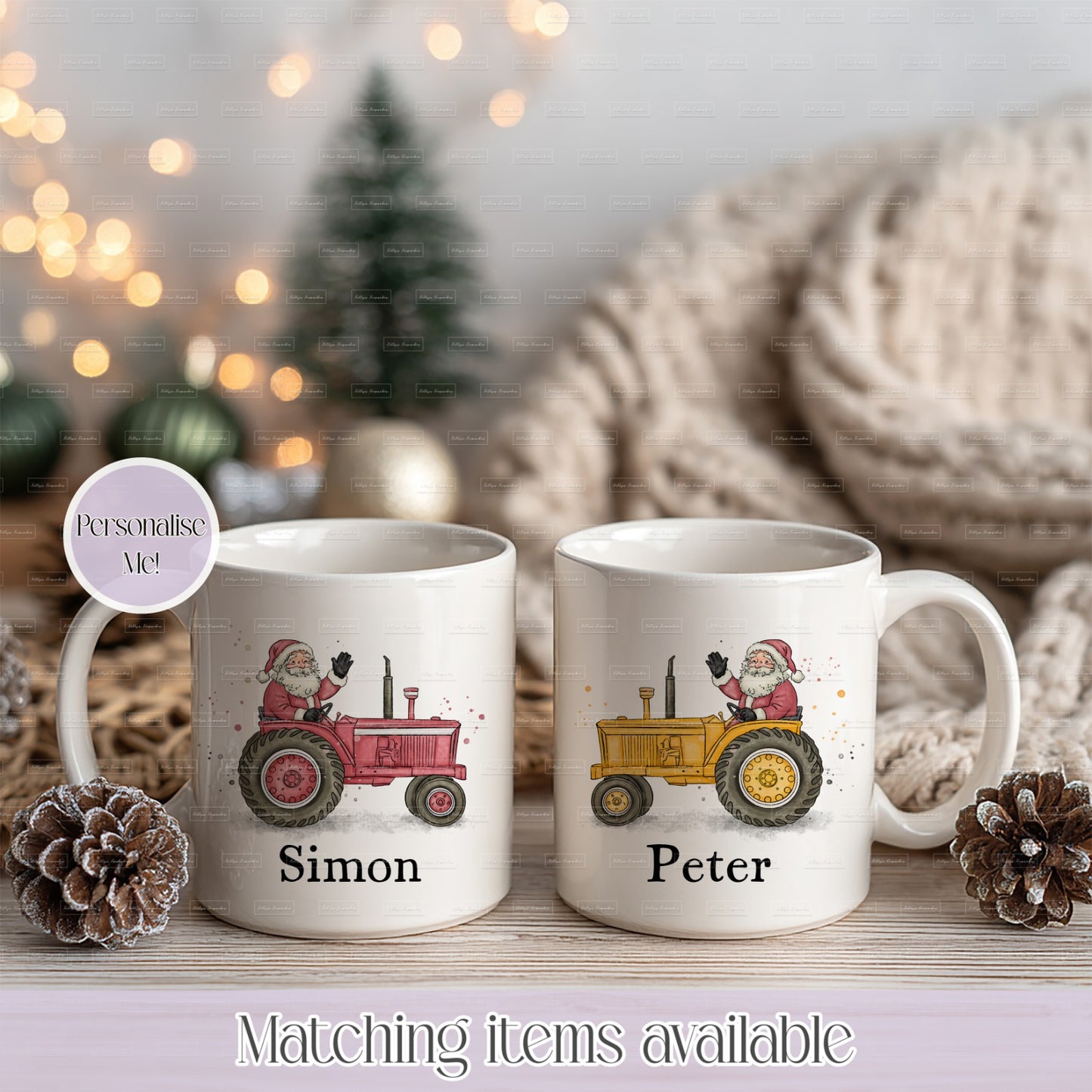 Personalised Father Christmas On Tractor Christmas Mug - Custom 11oz White or Enamel Mug - Highland Christmas Design - Christmas Stocking Filler - Farmer