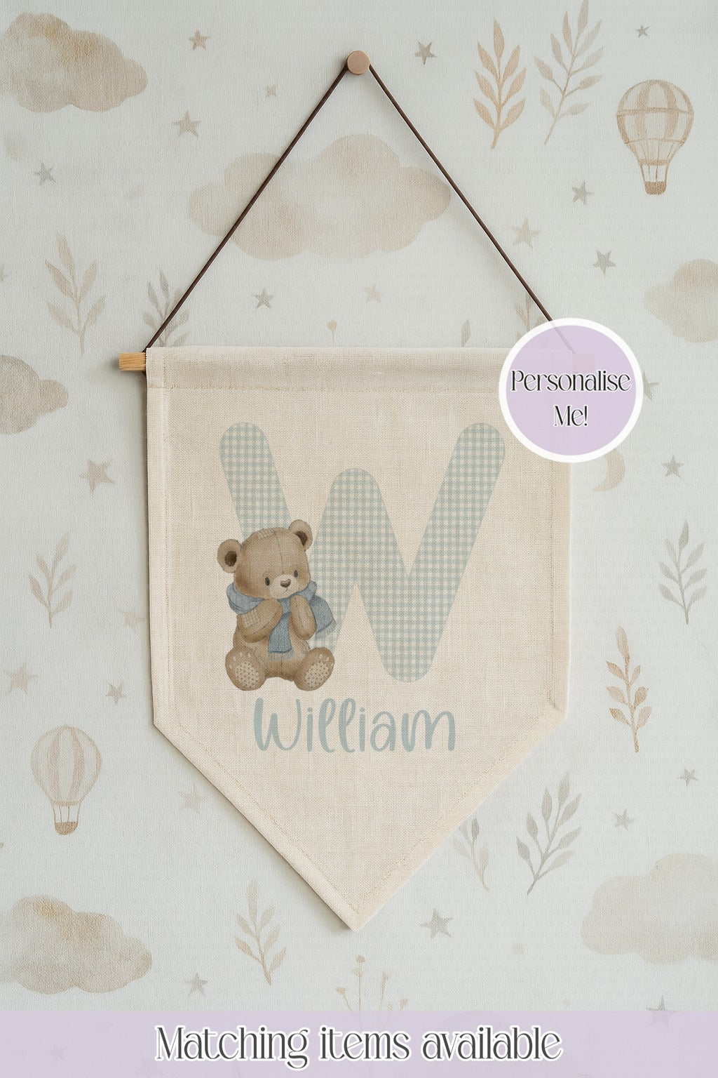 Teddy Initial Nursery Pennant - Baby Room Gift