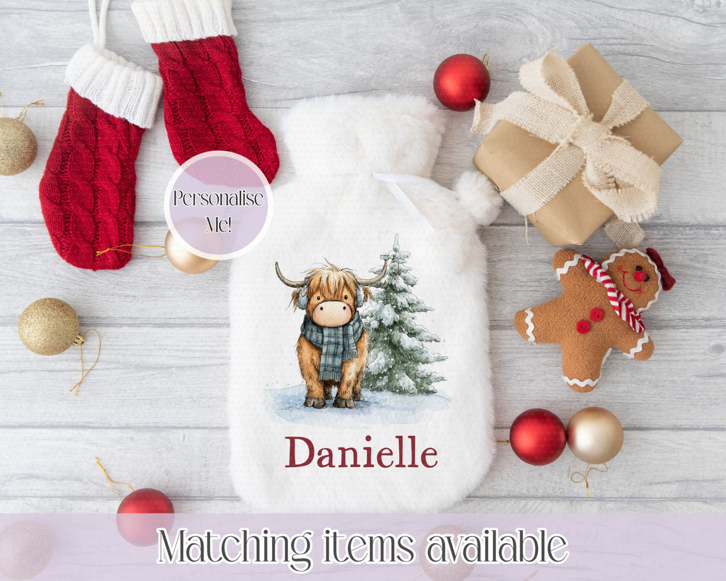 Christmas Cute Highland Cow Hot Water Bottle- Cosy Christmas - custom name