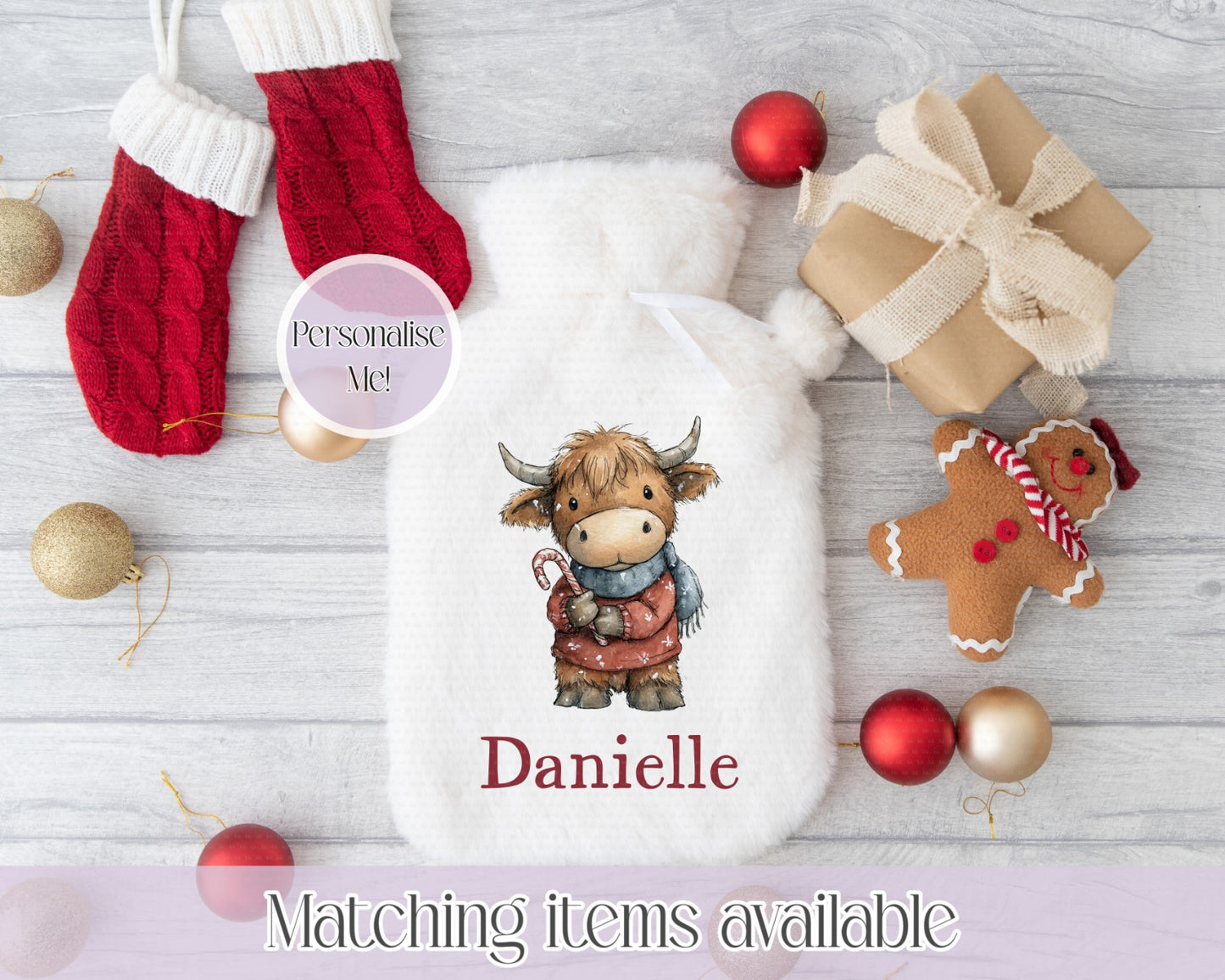 Christmas Cute Highland Cow Hot Water Bottle- Cosy Christmas - custom name