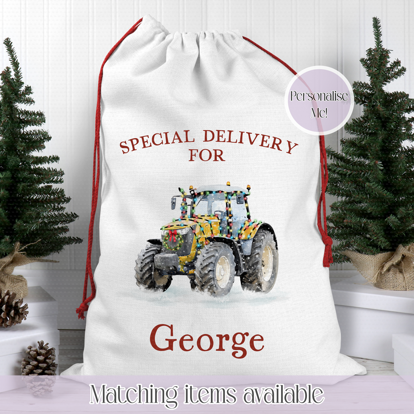Christmas Personalised Tractor Santa Sack - Christmas Sack - 70 x 50 cm - custom name