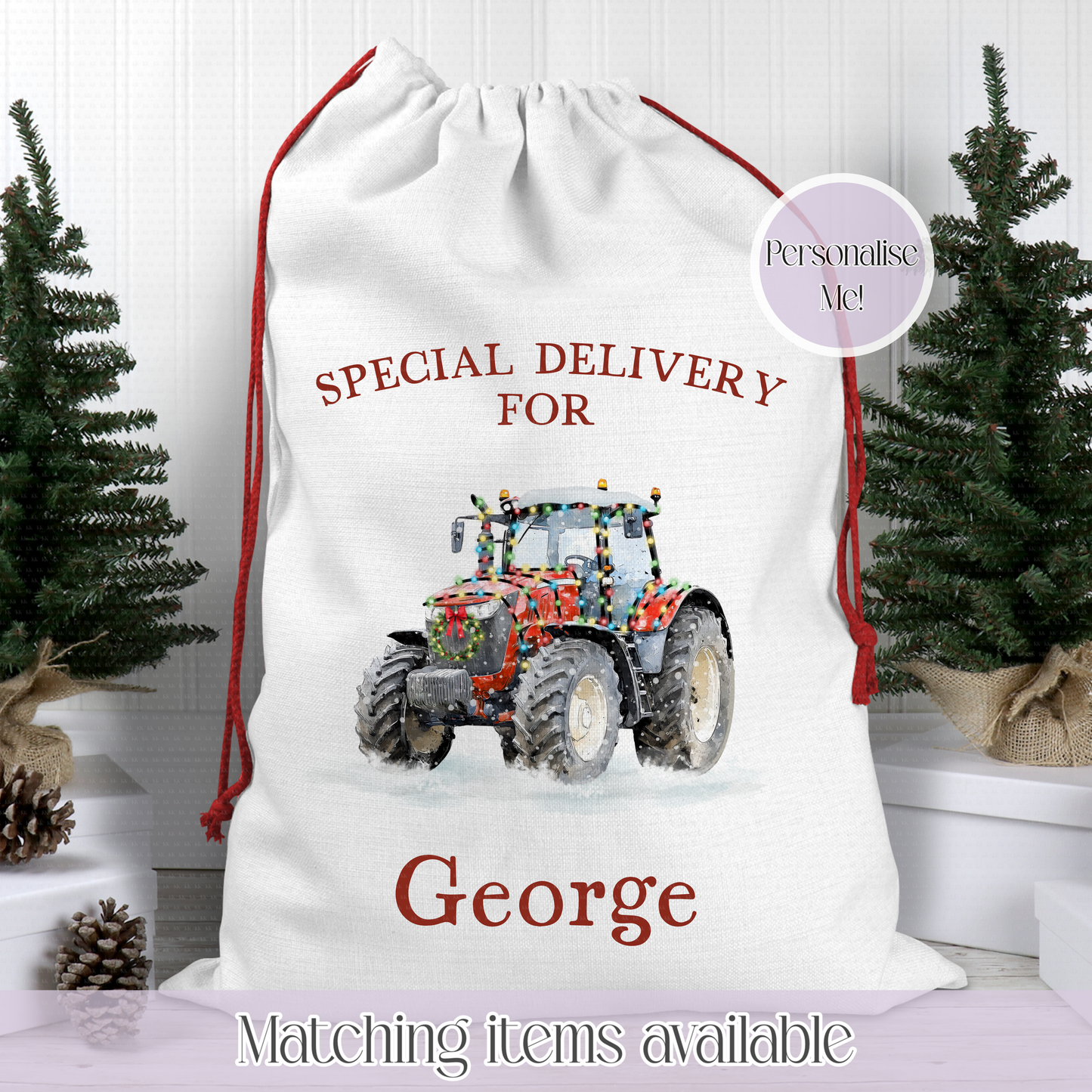 Christmas Personalised Tractor Santa Sack - Christmas Sack - 70 x 50 cm - custom name
