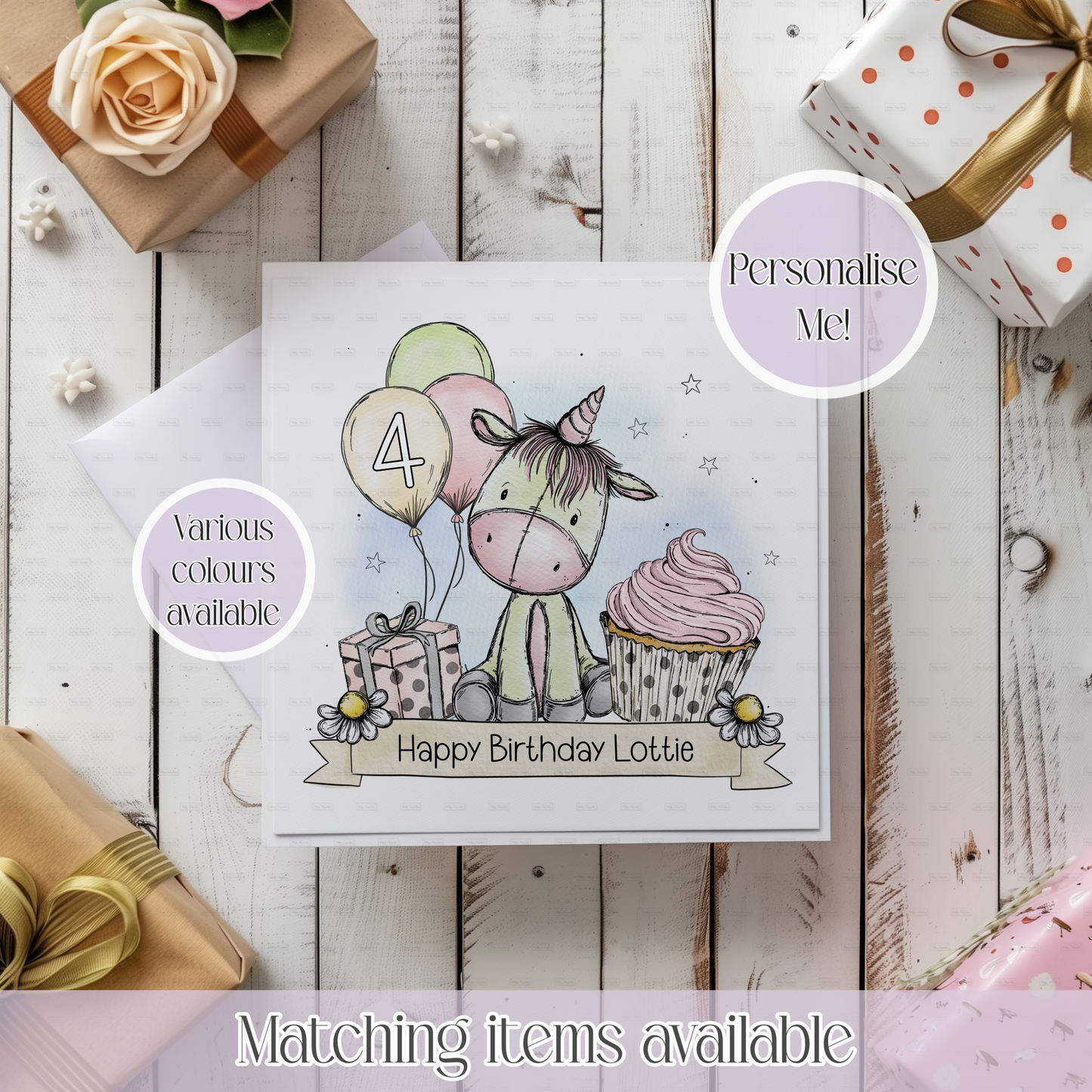 Cute Unicorn Personalised Birthday Card - birthday card - custom name and age