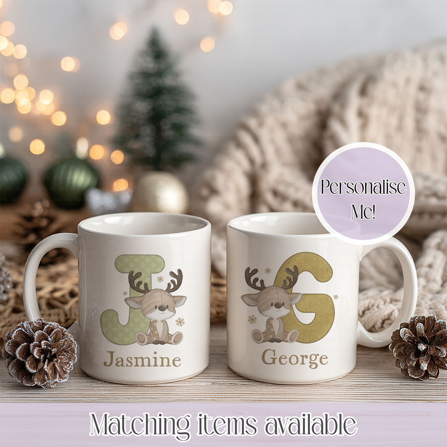 Personalised Christmas Reindeer Teddy Initial Mug – Enamel or Ceramic | Custom Name | Christmas Hot Chocolate Mug
