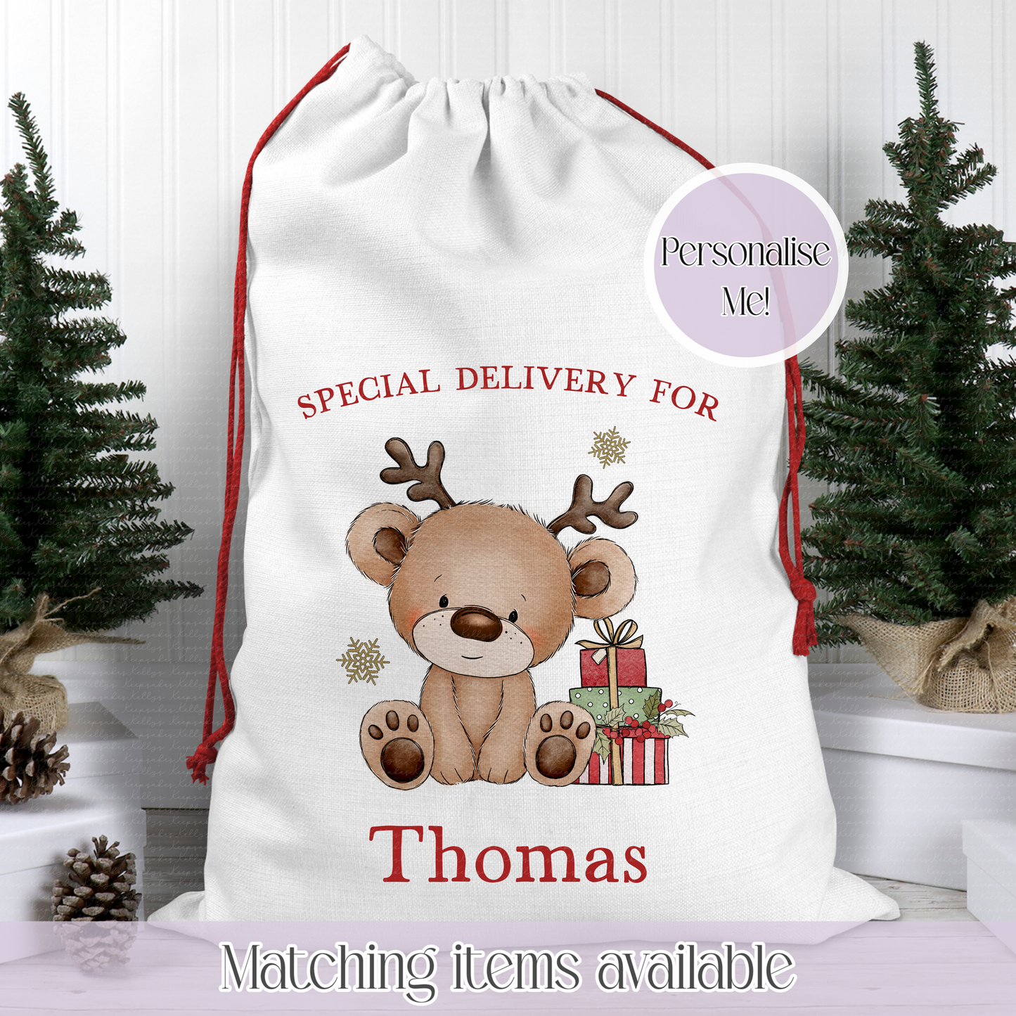 Reindeer Teddy Bear Personalised Santa Sack - Girl or Boy - Initial Christmas Sack