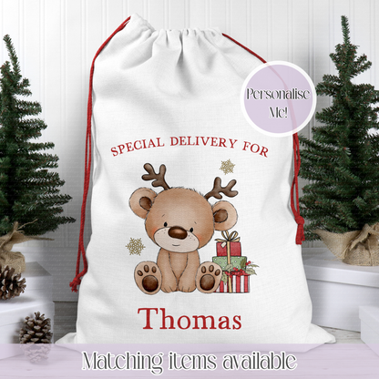 Reindeer Teddy Bear Personalised Santa Sack - Girl or Boy - Initial Christmas Sack