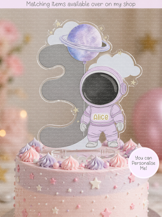 Personalised Pink or Blue Astronaut cake topper - acrylic printed cute spaceman topper - custom cake decoration