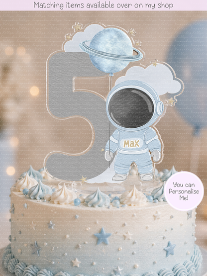 Personalised Pink or Blue Astronaut cake topper - acrylic printed cute spaceman topper - custom cake decoration