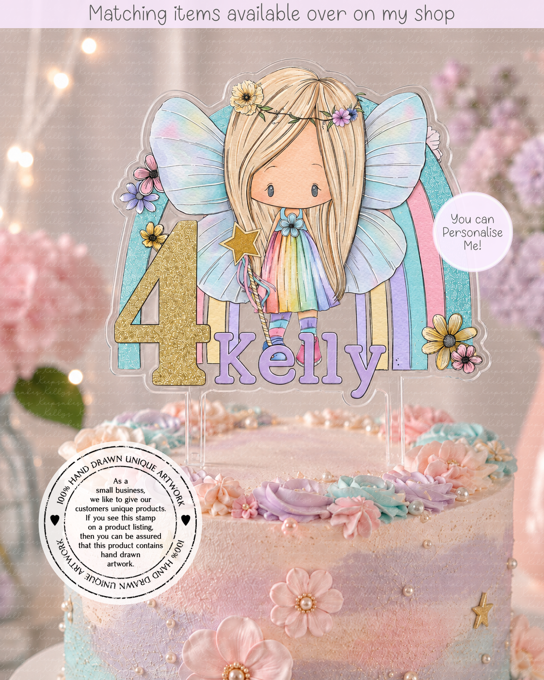 Boho Fairy Rainbow Personalised Cake Topper  - acrylic printed cake topper - custom hand-drawn fairy cake decoration