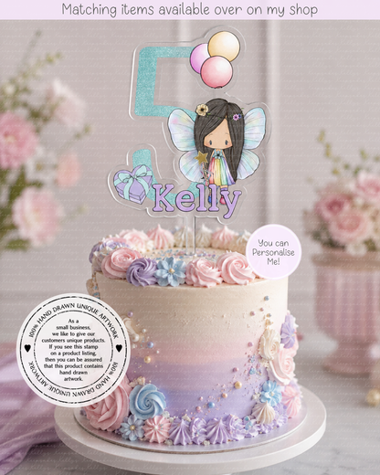 Boho Fairy Rainbow Personalised Cake Topper  - acrylic printed cake topper - custom hand-drawn fairy cake decoration
