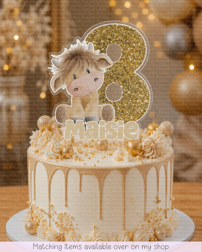 Personalised Birthday Highland Cow Number cake topper - acrylic printed Highland Coo cake topper - custom cake decoration