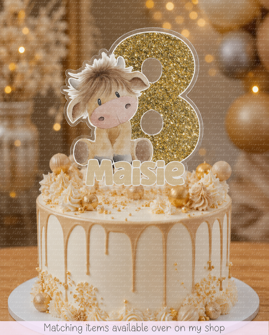 Personalised Birthday Highland Cow Number cake topper - acrylic printed Highland Coo cake topper - custom cake decoration