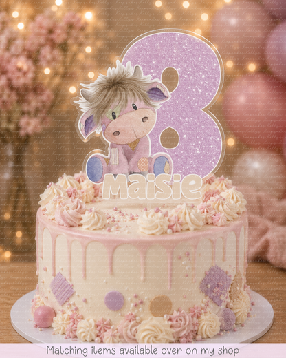 Personalised Birthday Highland Cow Number cake topper - acrylic printed Highland Coo cake topper - custom cake decoration