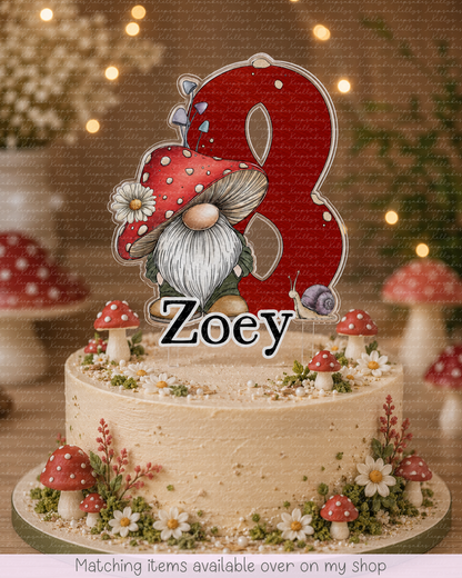 Personalised Toadstool Gnome cake topper - acrylic printed Gonk Mushroomcake topper - custom cake decoration