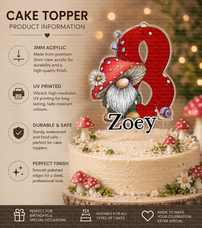 Personalised Toadstool Gnome cake topper - acrylic printed Gonk Mushroomcake topper - custom cake decoration