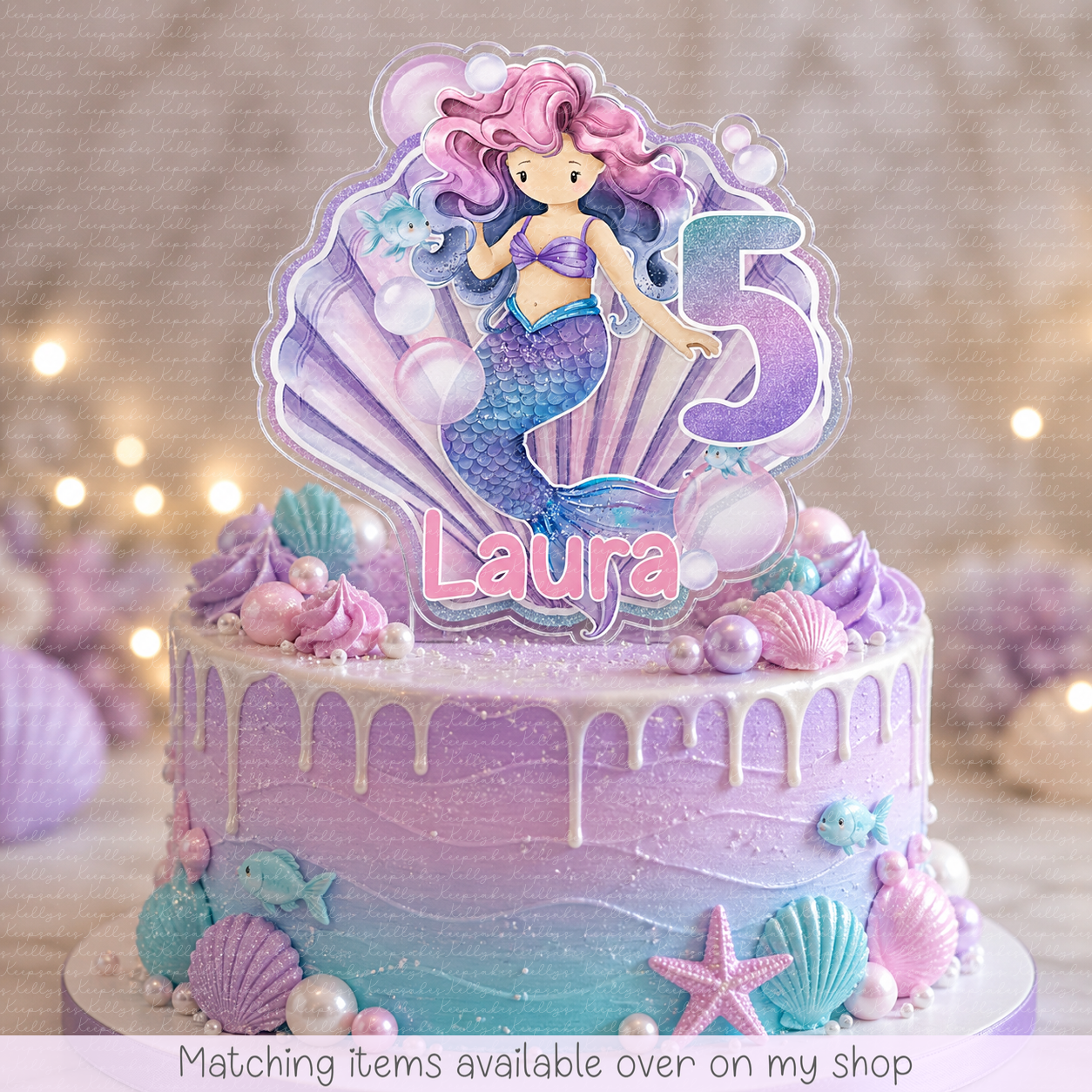 Personalised hand-drawn Mermaid  age cake topper - acrylic printed cake topper - custom cake decoration - kids cake topper