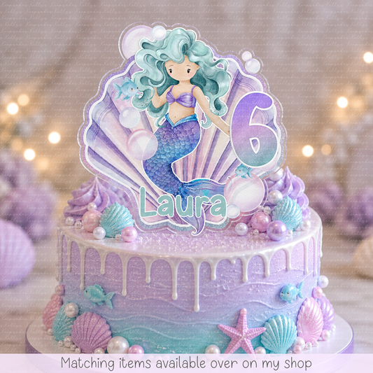 Personalised hand-drawn Mermaid  age cake topper - acrylic printed cake topper - custom cake decoration - kids cake topper