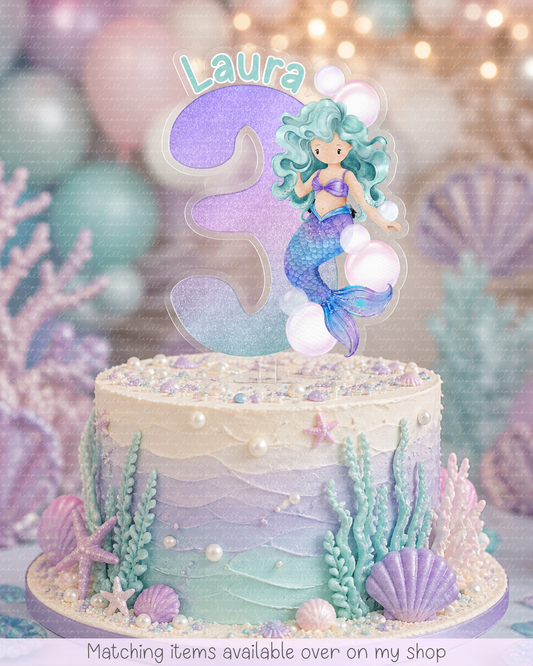 Personalised hand-drawn Mermaid Number cake topper - acrylic printed cake topper - custom cake decoration - kids cake topper
